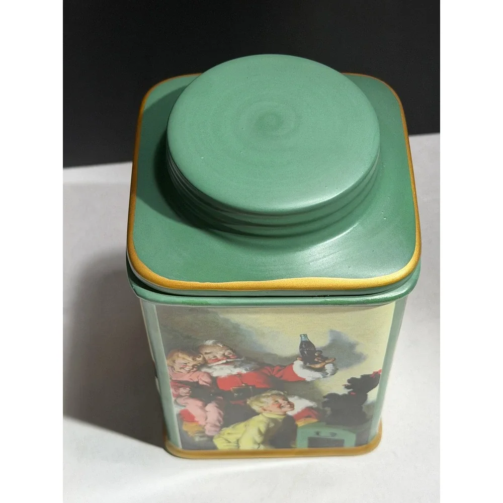 Coca-Cola Sakura Stoneware Christmas Santa Canister Jar Green Gold Trim 2002